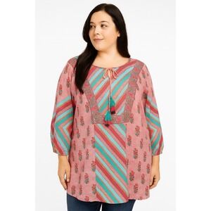 Tolani Collection Women's Pink Floral Top Size 1X Bohemian Chic Flowy Peasant